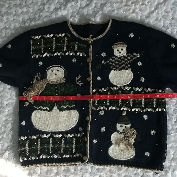 Vintage Holiday Christmas Embroidered Snowman Blue Button Down Sweater - Picture 5 of 7